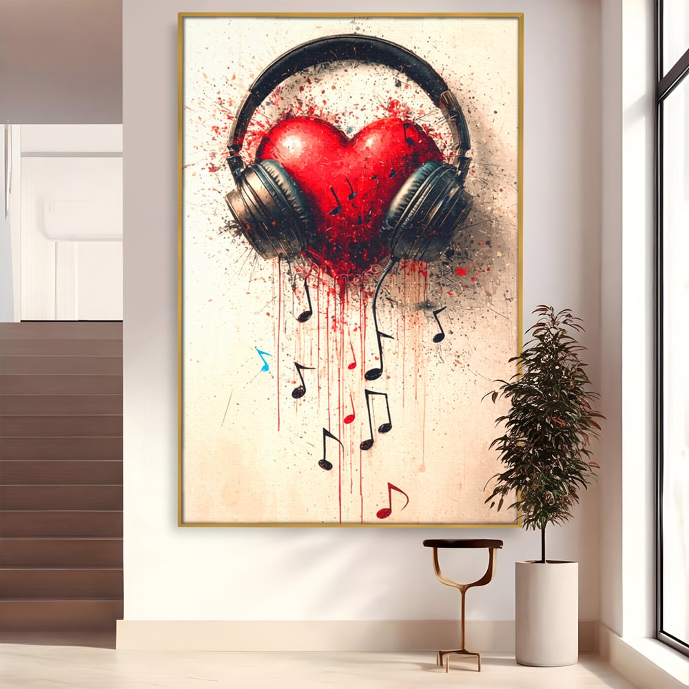 Tablou canvas cu tablou canvas cu inima rosie si casti audio, in rama de aluminiu auriu